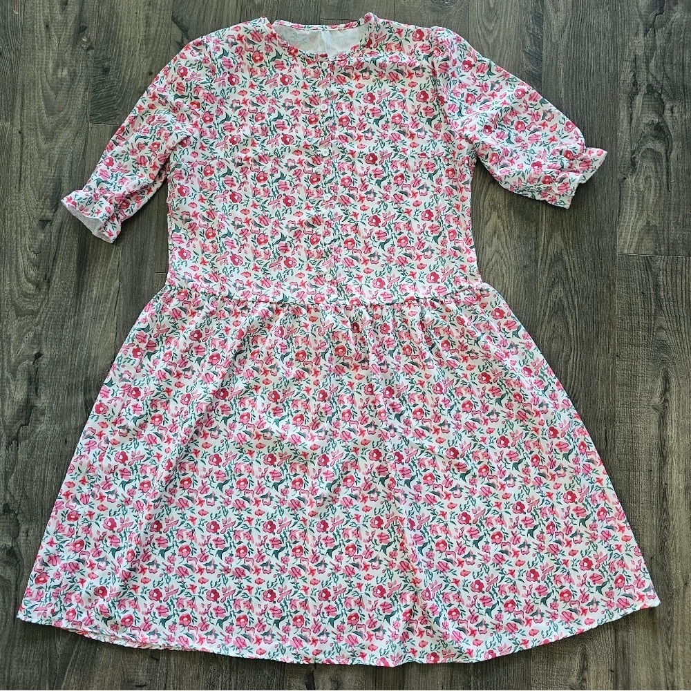 Women's sz XL Floral Pink Midi Dress Pleated Cuffed Sleeves Coquette Cottagecore